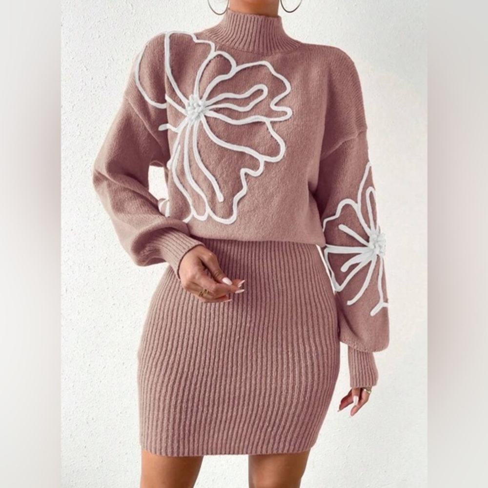 SHEIN Franclia Floral Knit Drop Shoulders Sweater Dress